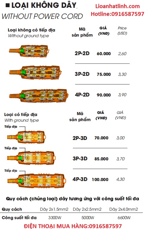 bảng báo giá ổ cắm điện công suất cao không dây hãng lioa nhat linh